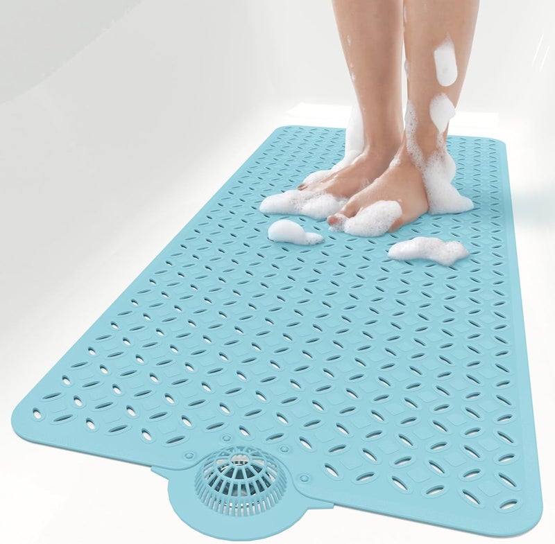 OTHWAY Bath Mat for Tub Non Slip: 39" X 17" Long Bathtub Mat with Hair Catcher│Big Drain Holes Shower Mats for Inside Shower│Machine Washable (Blue) - Image 1